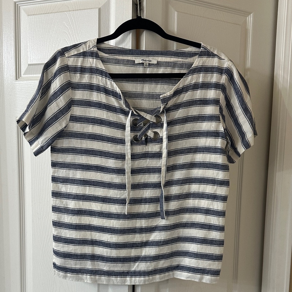 Madewell Striped Navy and White Lace-Up Top